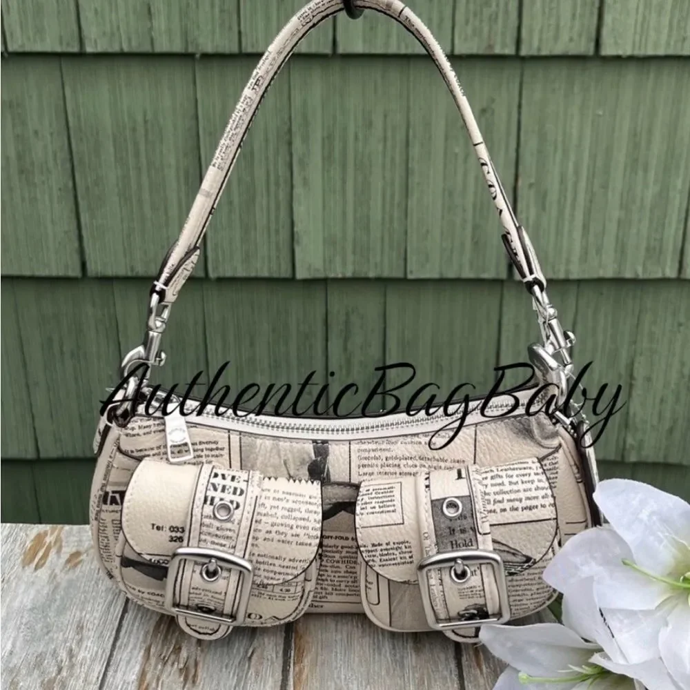 Coach Ashton Pebbled Leather Shoulder Bag With Newspaper Print Purse